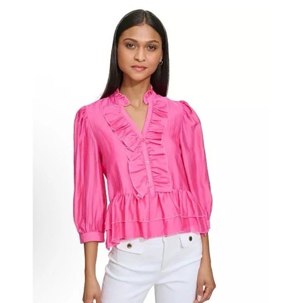 Karl Lagerfeld Paris Got Pink Ruffled Blouse Puff Sleeve Blouse Sz XS NWT